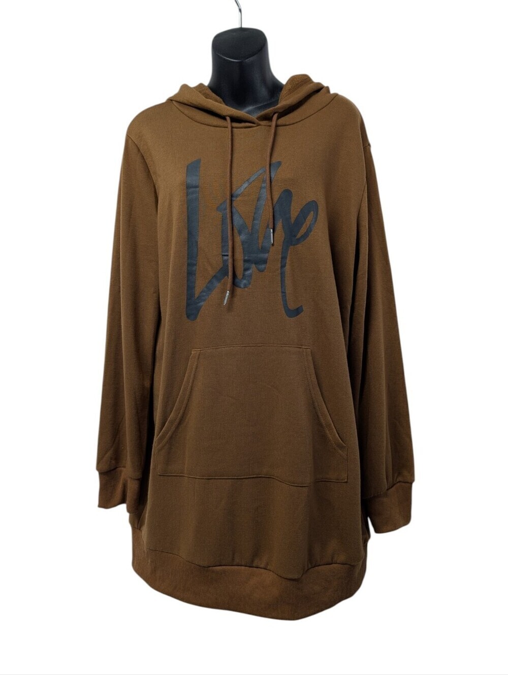 Pretty Garden Brown "Live" Script Hoodie L Long Pullover Sweatshirt Pocket NWT